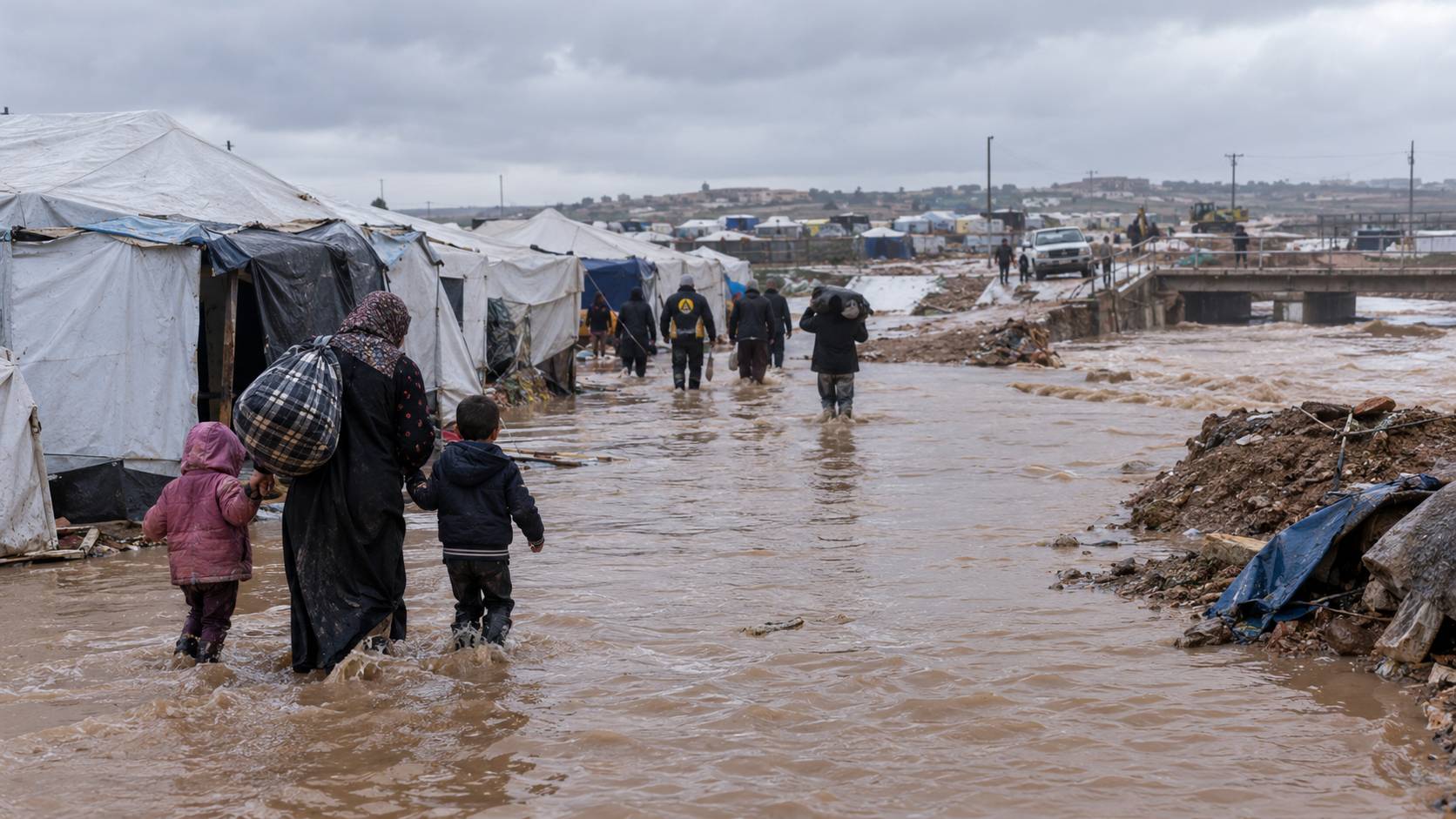 سيول سوريا تجبر مئات العائلات على مغادرة مخيماتها وتُعطّل طرقًا وجسورًا